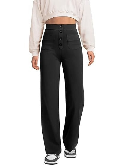 Women’s High-Waisted Straight Leg Pants with Button and Pockets