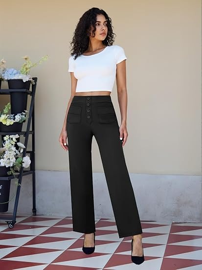 Women’s High-Waisted Straight Leg Pants with Button and Pockets