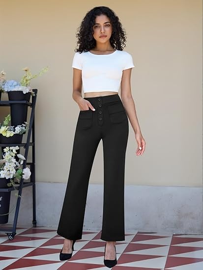 Women’s High-Waisted Straight Leg Pants with Button and Pockets