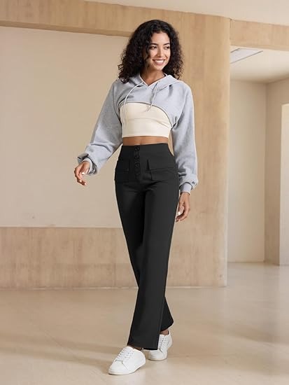 Women’s High-Waisted Straight Leg Pants with Button and Pockets