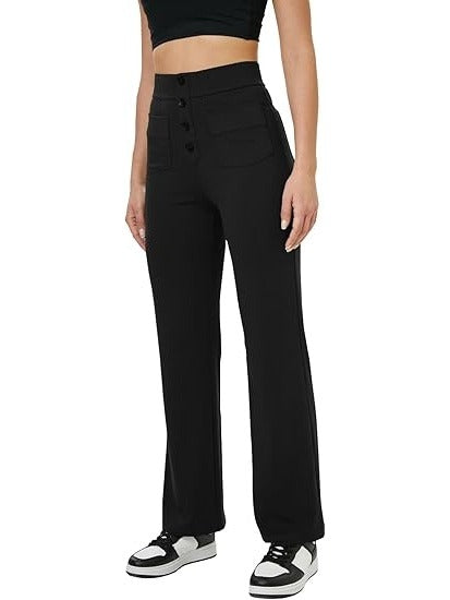 Women’s High-Waisted Straight Leg Pants with Button and Pockets